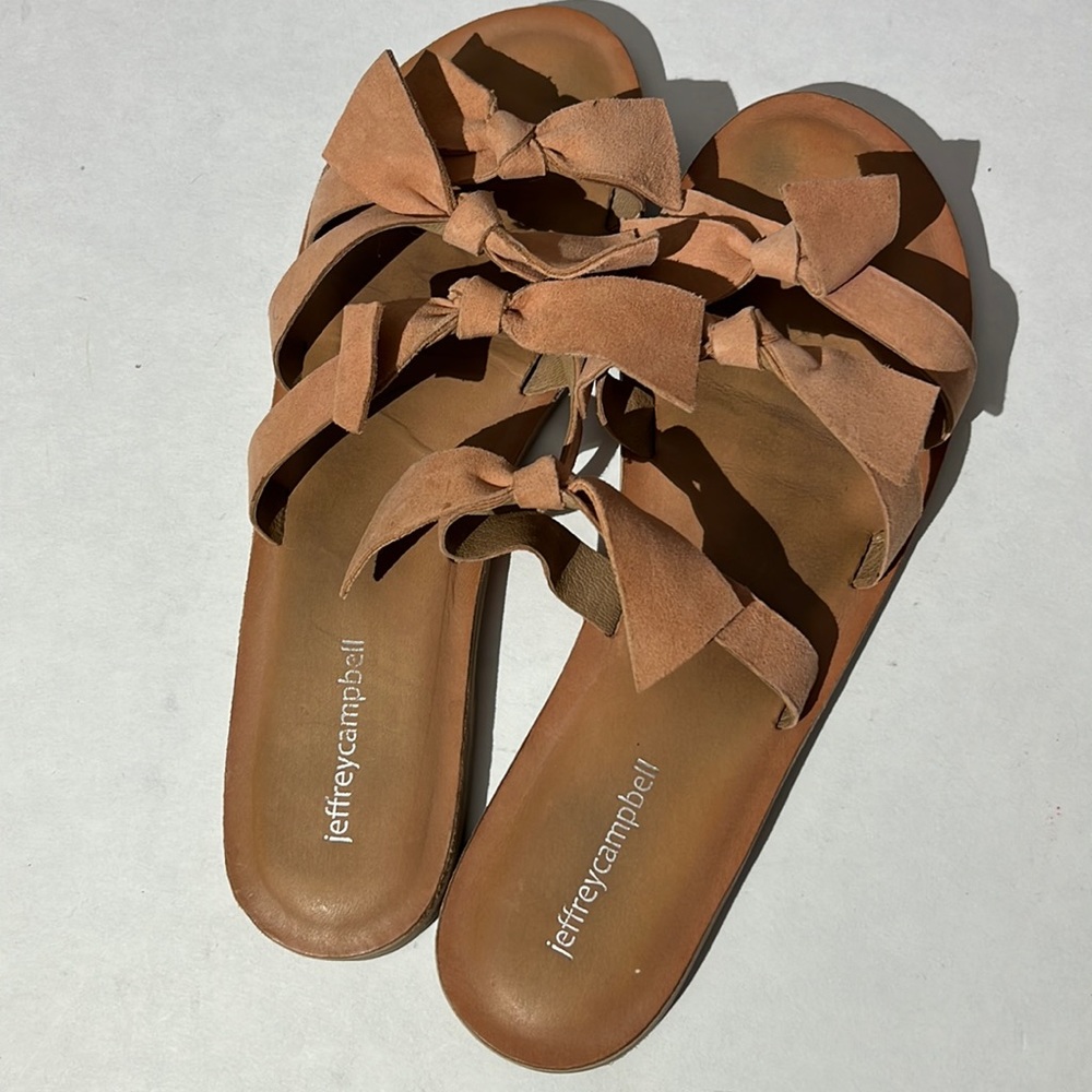 Jeffrey Campbell Atone Bow Sandals sz 9 leather tan pink summer shoes slides